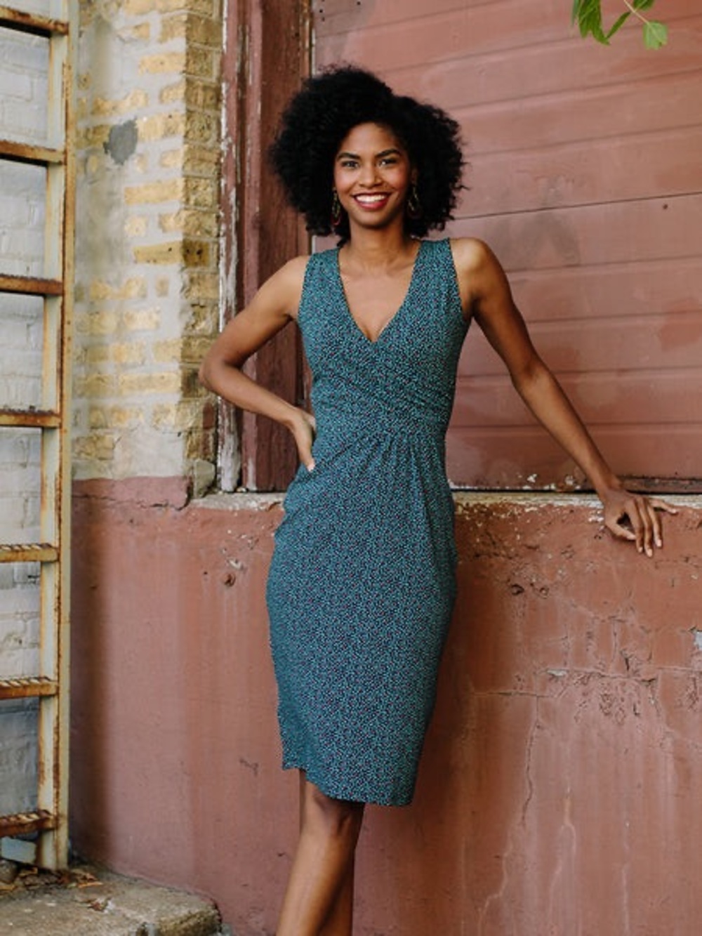 Mata Traders Delia “Confetti” Faux Wrap Navy and Green Dress Med Jersey Cotton